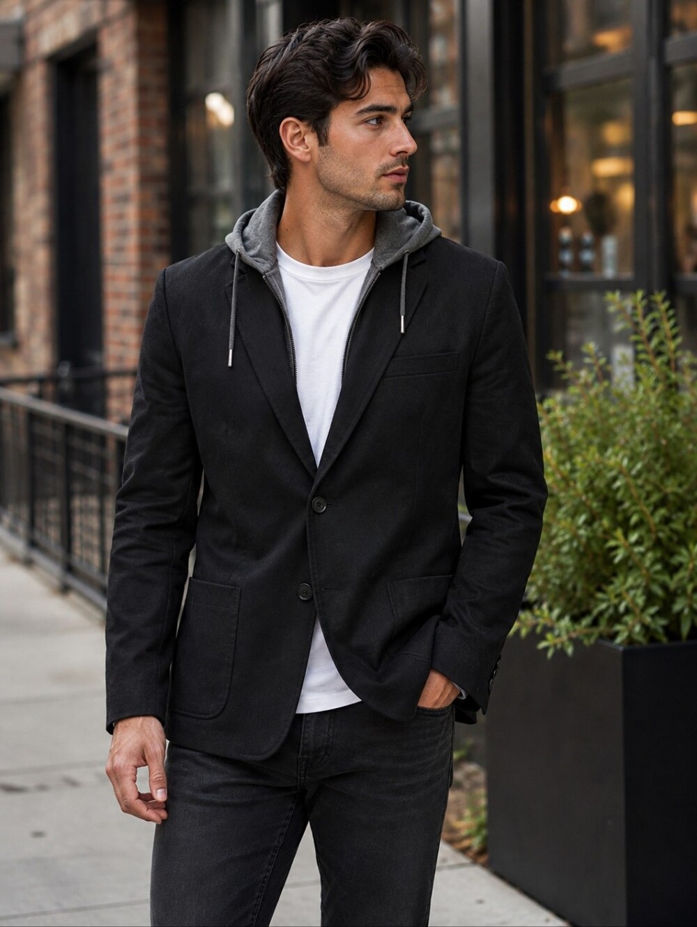 21 Men Black Blazer Gray Hoodie Layered Jacket XL